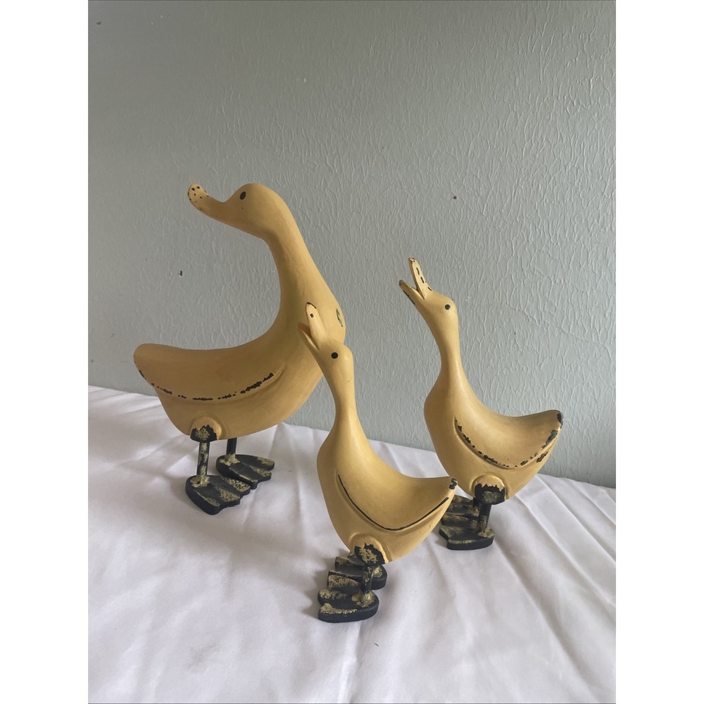 3 Vintage Hand Carved Artisan Wooden Duck Goose Mom Baby Yellow Rustic Valerie